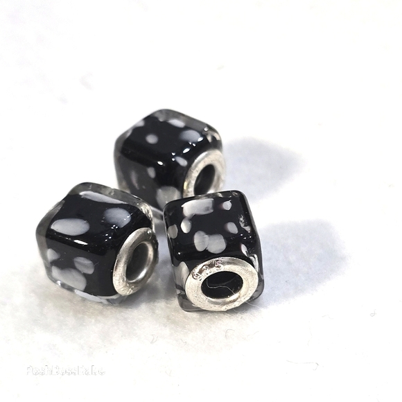 Set of 3 Black & White Polka Dot Murano Glass Square European Beads 925 Sterling - Picture 1 of 7